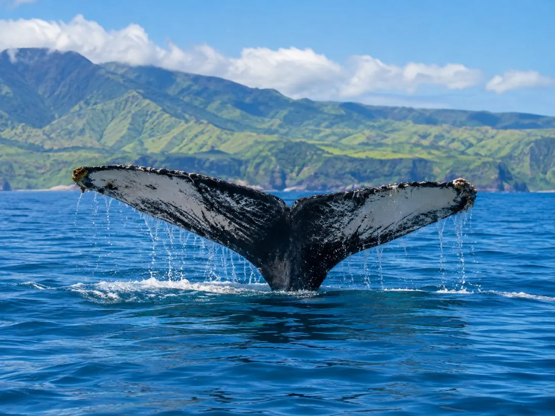 Die Fluke eines Buckelwals, die aus dem Meer vor Maui auftaucht